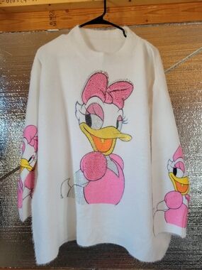 Disney White Sweater with Pink Daisy Duck Graphics